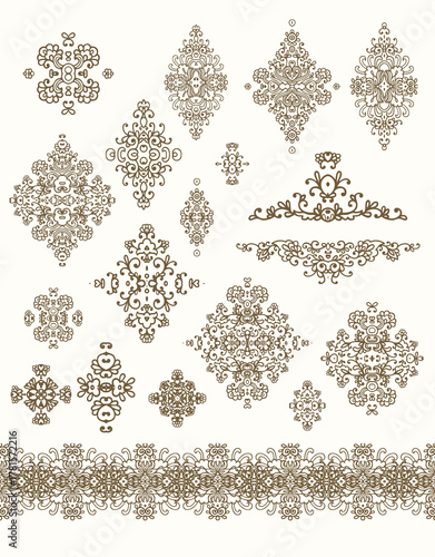 Set of golden decorative elements - ornamental rosettes, mandala, ornamental vector border ribbons, oriental style