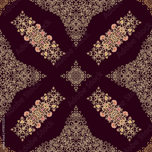 Golden -beige  red ornamental seamless vector pattern, on dark background