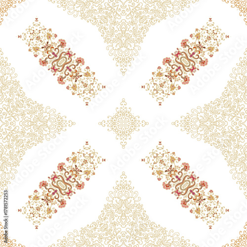 Golden -beige ornamental seamless vector pattern on white background