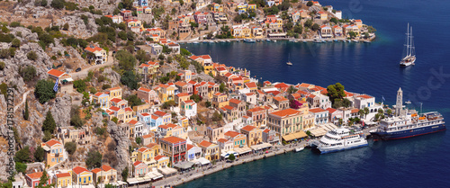 Panoramic view of Symi town from hillside, Symi, Greece