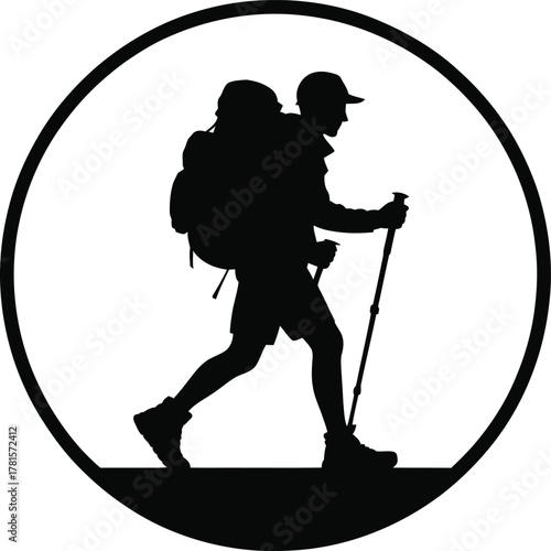 Hiker with backpack and trekking poles in a circular silhouette