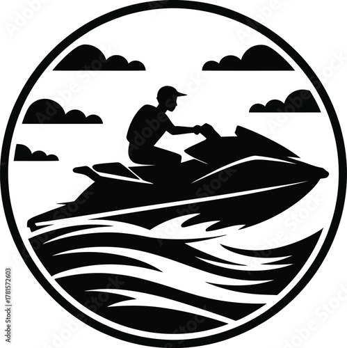 Dynamic jet ski rider on water with clouds and circular design silhouette