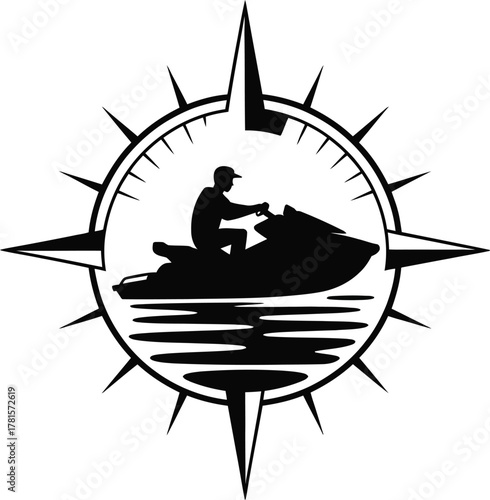 Dynamic jet ski and compass silhouette for water adventure banner