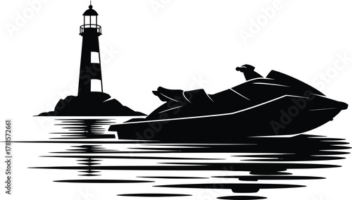 Dynamic jet ski rider and lighthouse on a wavy ocean silhouette