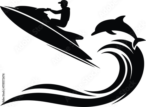 Dynamic jet ski rider surfing a dolphin shaped wave silhouette