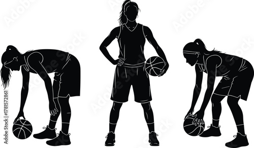 Basketball, woman, silhouette, vector, athlete, pose, training, ball, sportswear, standing, bending, action, black, white, court, focus, fitness, motion, illustration, design