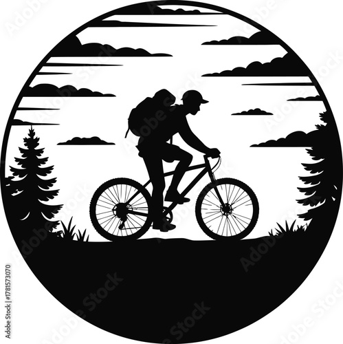 Mountain biker riding through a forest with clouds in a circle silhouette