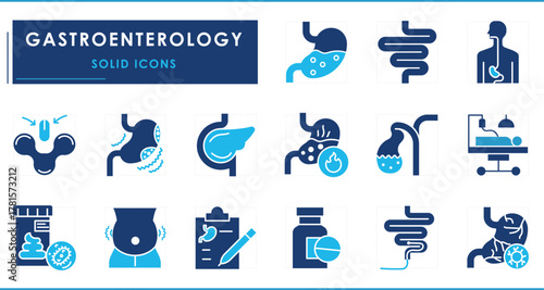 A set of flat icons related to Gastroenterology. Stomach, intestine, Colonoscopy, Digestive Enzymes, Heartburn, Pancreas, Endoscopy. Vector solid symbols.