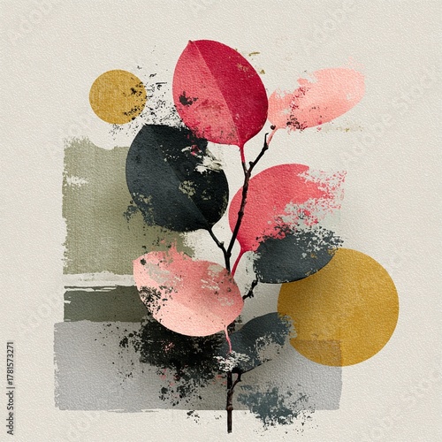 Organic leaf silhouettes dissolving into textured brush marks