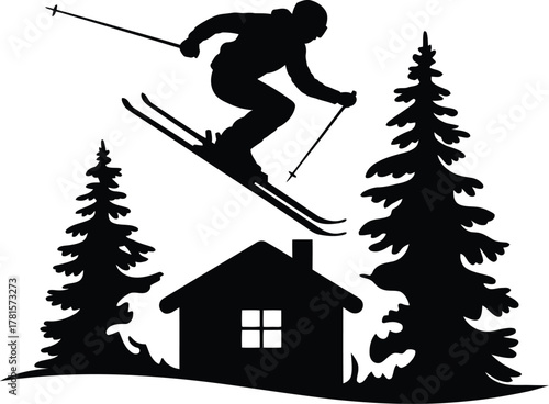 Silhouette of a skier jumping near a cabin surrounded by pine trees