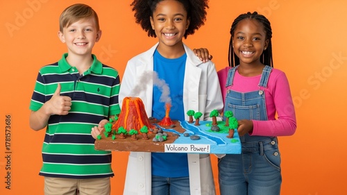 Diverse Group of Children Presenting a Volcano Science Project with Pride