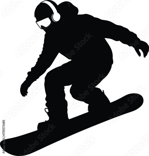 Dynamic snowboarder in mid air with headphones and goggles silhouette