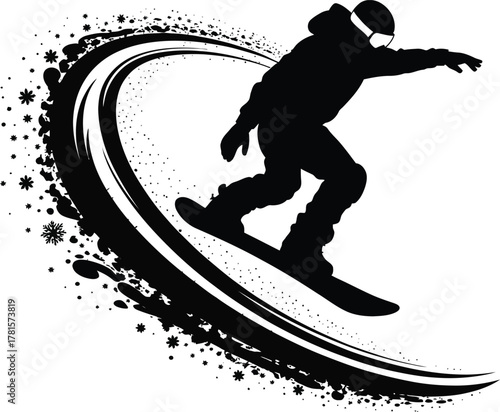 Dynamic snowboarder silhouette with swirling snowflakes and extreme sport vibe