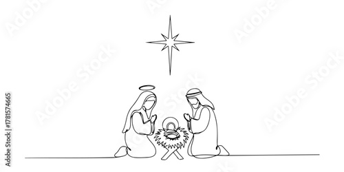 Continuous one line of shining stars above a serene nativity scene, style hand drawing vector illustration.