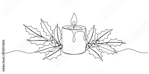 Continuous one line of candles with a gently burning flame surrounded by holly leaves, style hand drawing vector illustration.
