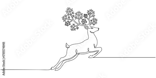 Continuous one line of a reindeer jumping gracefully with snowflake shaped antlers, style hand drawing vector illustration.