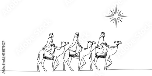 Continuous one line of camel rider following bright star, style hand drawing vector illustration.