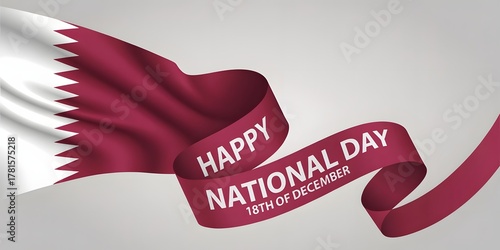 Qatar national day celebration with a waving flag and a ribbon displaying happy national day 18th of december