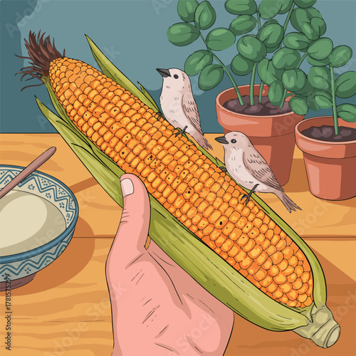 A basket of fresh, organic corn on the cob with green husks and yellow maize kernels, isolated on white