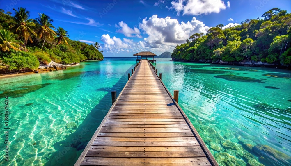 Obraz premium Wooden Pier Leading To A Small Hut In A Crystal Clear Turquoise Tropical Lagoon With Lush Green Islands Under A Bright Blue Sky With Fluffy Clouds