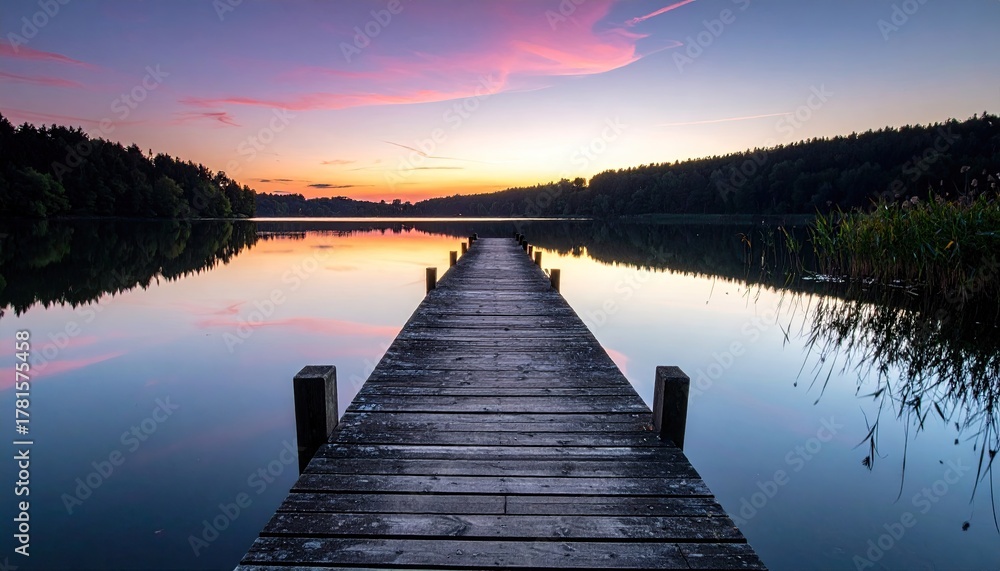 Fototapeta premium Wooden Pier on Calm Lake Reflecting Vibrant Sunset Sky with Silhouette Trees and Distant Buildings