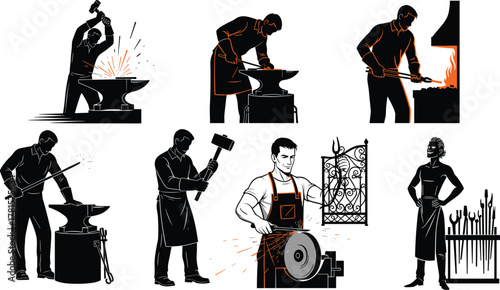 Blacksmith, metalwork, forge, anvil, hammer, sparks, craftsmanship, artisan, traditional, workshop, tools, fire, steel, iron, heat, grinding, shaping, handmade, silhouette, tradesman