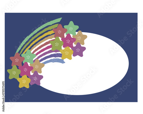 紅型風のフレーム　虹と星のイラスト　コミュニケーションカード　装飾　文具　雑貨　背景　付箋　便箋　空白　ベクター　一言添える　紙　デザイン　青　カラフル