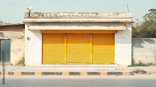 Fototapeta Naklejka Na Ścianę i Meble -  A small, worn commercial building with bright yellow closed roller shutters on a quiet street