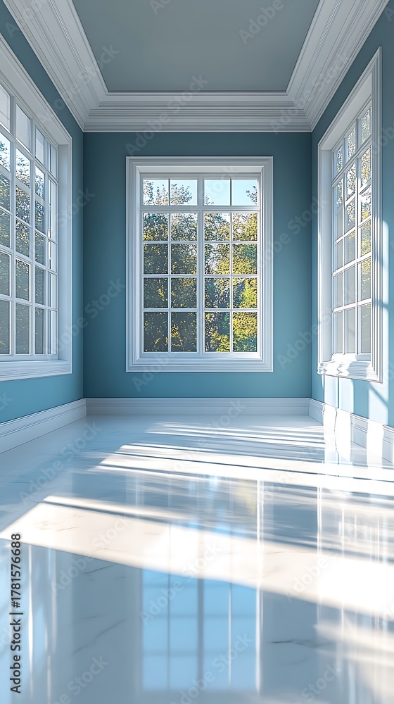 Fototapeta premium Bright empty room with elegant blue walls and large windows showcasing lush green trees