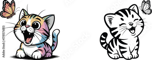 Adorable Happy Kitten and Butterfly Vector Set: Cute Cartoon Cat Mascot and Coloring Page Outline
