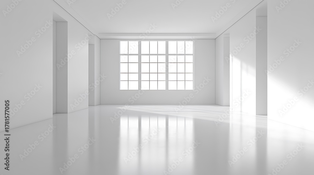 Fototapeta premium Clean minimalist white empty room with a rectangular grid window and bright sunlight streaming in