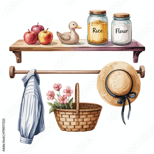 Still life with apples and jug on a wooden table with a wicker basket and autumn decoration