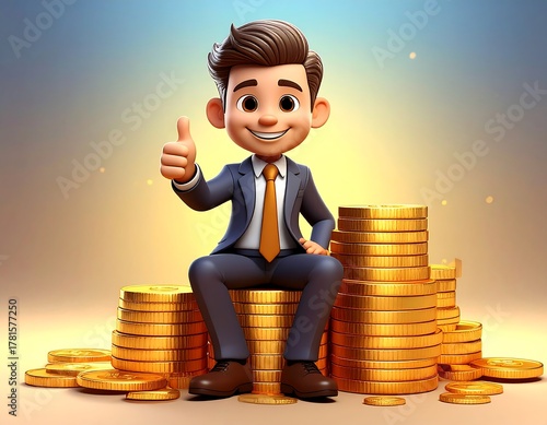 Animated businessman with thumbs up, sitting on stacks of coins