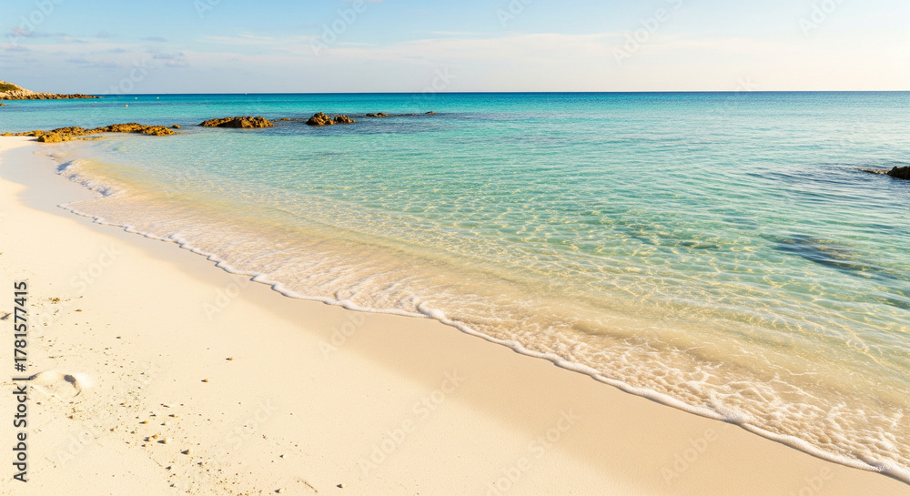 Fototapeta premium Tranquil Morning Light Illuminates A Pristine Beach With Turquoise Waters And Golden Sand