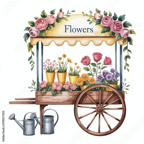 An antique wooden wheelbarrow and cart filled with vibrant flowers is a classic garden decoration illustration