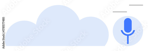 Blue microphone and cloud shape representing voice activation and cloud storage integration. Ideal for technology, AI, cloud computing, communication, innovation, data sharing, simple flat metaphor