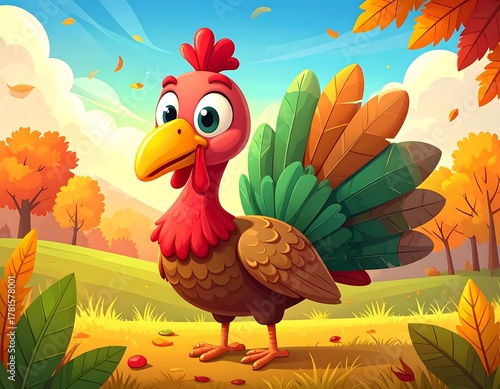 Animated cartoon turkey stands proudly in a vibrant autumn landscape