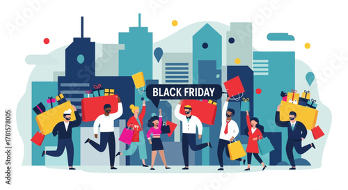 Black Friday Shopping Spree with Flat People and City Background Illustration