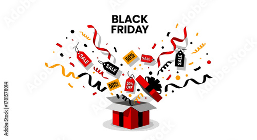 Black Friday Gift Box Explosion with Confetti and Price Tags - Flat Vector
