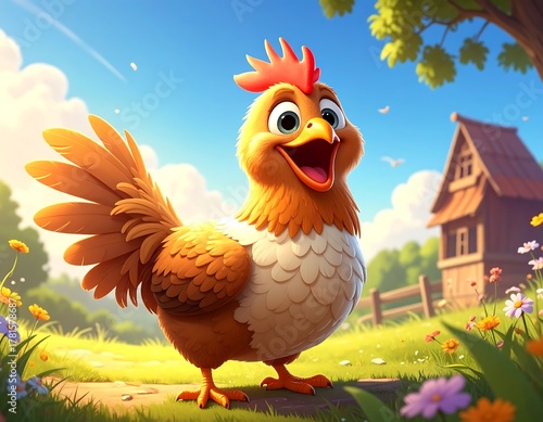 Animated chicken smiling happily on a path with a house in background