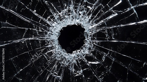 Fractured transparent window glass with a prominent bullet impact hole in its dark surface