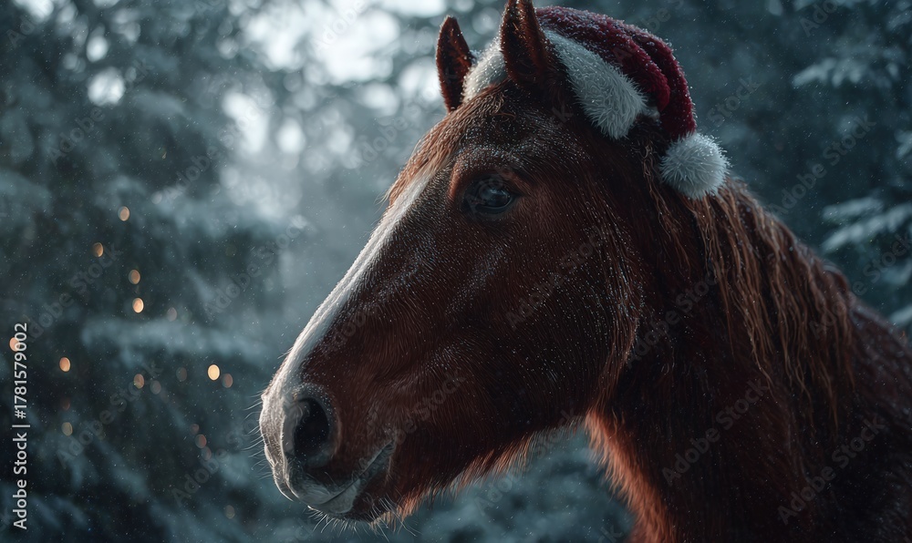 Obraz premium A brown horse with a red hat on its head