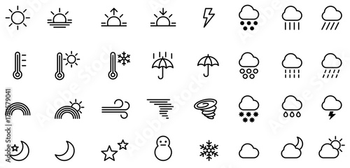 天気予報・天気・気象の線画アイコンセット(アウトライン化していない)