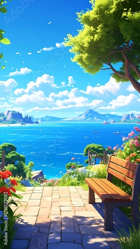 Animated coastal view with bench, bright skies, and flowering plants