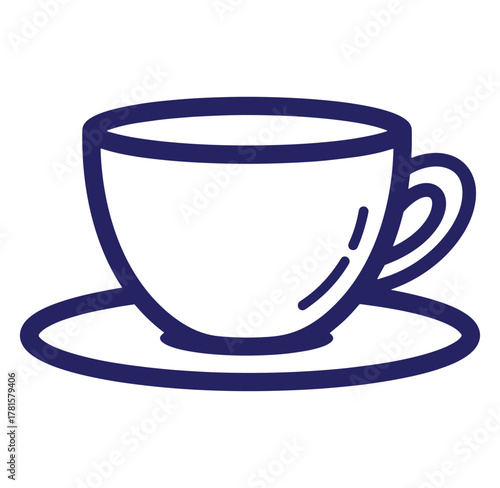 Simple and elegant dark blue outline illustration of a coffee cup and saucer on white