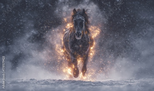 A horse is running through a snowy field with fire in its mane. Fantasy fire element