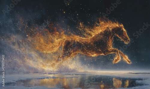 A horse is flying through the air with flames trailing behind it. Fantasy fire element