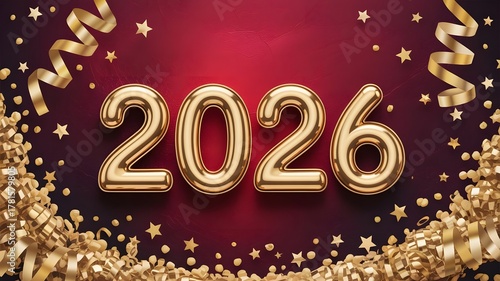 Shiny gold 2026 balloons with confetti and streamers on a red background, perfect for new year celebrations