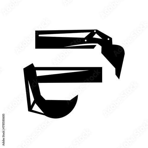 Two black silhouettes of heavy machinery excavator buckets or digger attachments on a white background.