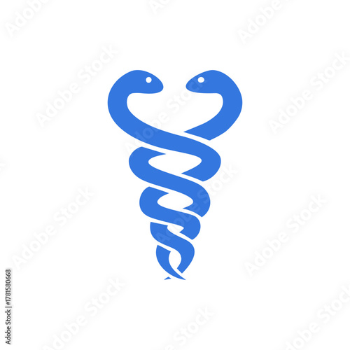 A blue caduceus symbol featuring two intertwined snakes on a white background, representing medicine and healing.